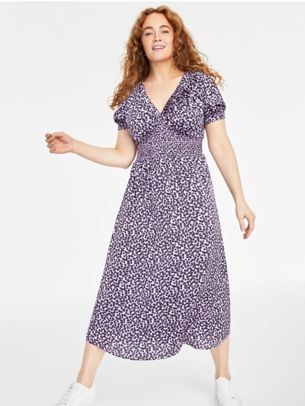 V-Neck Smocked Midi Dress in Purple Leopard